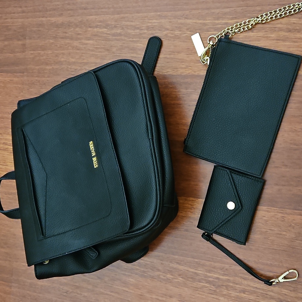 3 Pc Steve Madden Backpack Pouch & Card Wallet Set Black PU Gold-tone Hardware